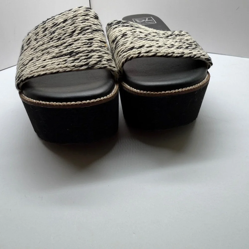Dirty Laundry‎ Womens Platform Slide Sandals Black White Woven Strap Wedge 7.5